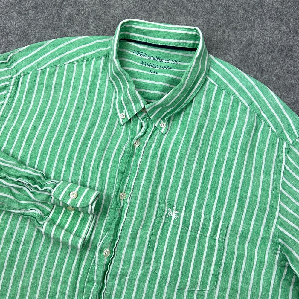 J Crew Shirt Mens‎ 2XL Green Striped Washed Linen Long Sleeve Button Down Pocket